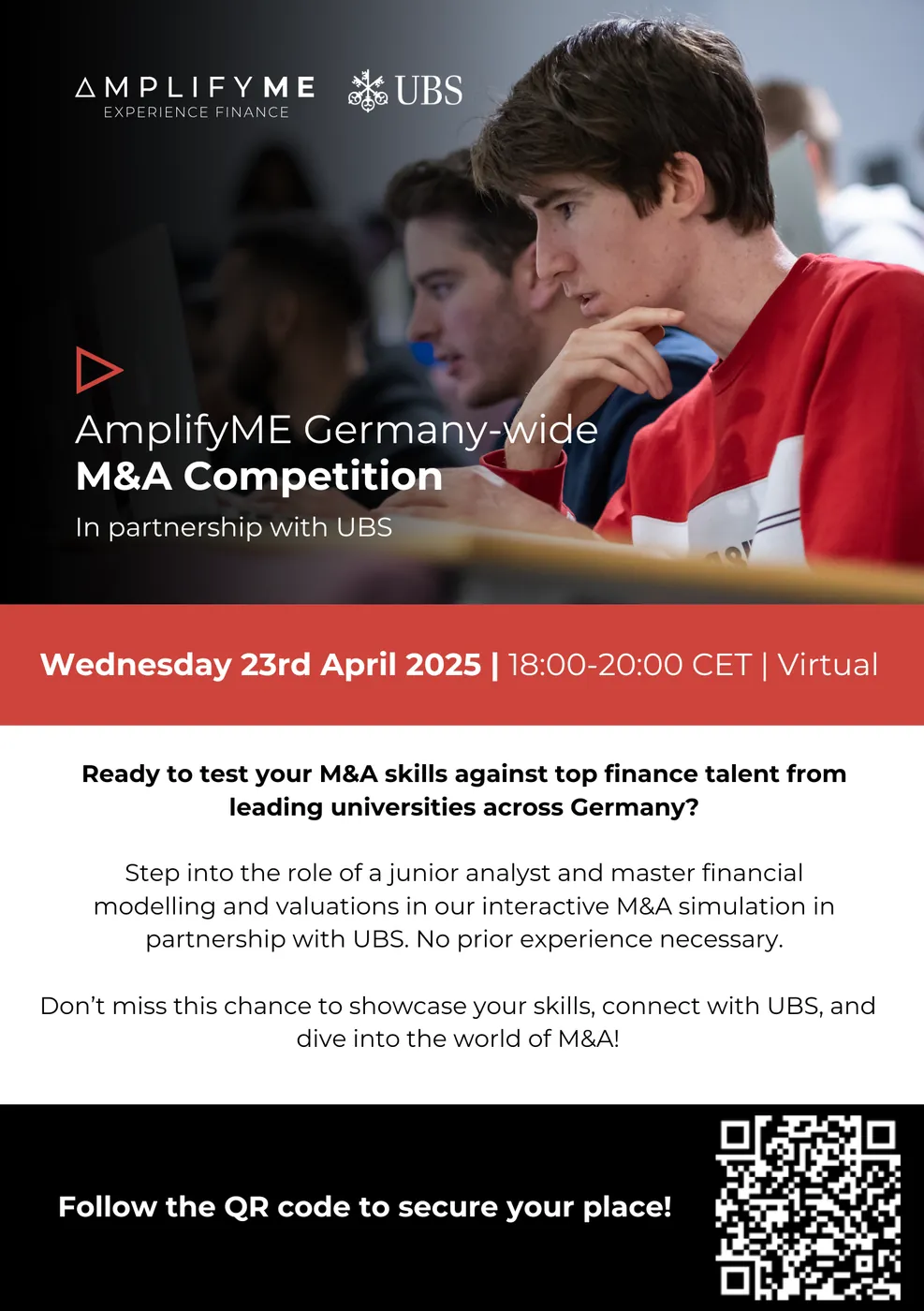 Flyer „AmplifyME Germany-wide M&A Competition in partnership with UBS“, Mittwoch, 23. April 2025, 18:00 bis 20:00 Uhr, virtuell, mit QR-Code zur Anmeldung.