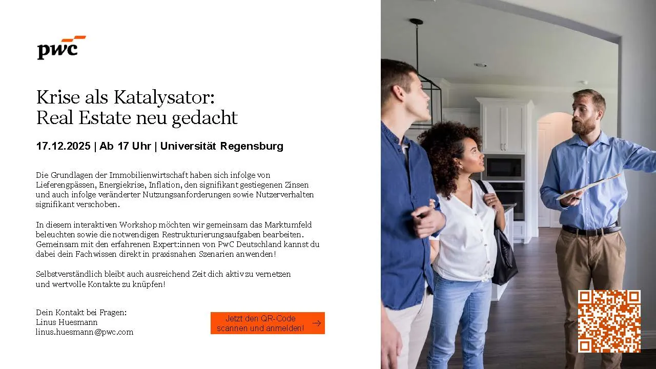 PwC-Flyer „Krise als Katalysator: Real Estate neu gedacht“, 17.12.2025 ab 17 Uhr an der Universität Regensburg, mit Beschreibungstext, Foto einer Wohnungsbesichtigung und QR-Code.