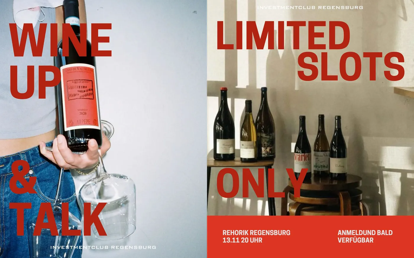 Ankündigungsgrafik „Wine Up & Talk“ und „Limited Slots Only“ mit Weinflaschen, Rehorik Regensburg, 13.11., 20 Uhr.